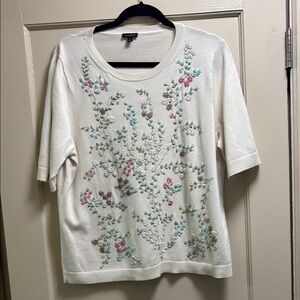 Talbots Off White w/Pastel Floral Beaded SS Summer Sweater XL - Like New